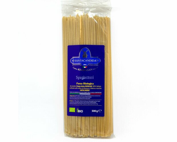Spaghettoni bio di Grano Khorasan. Realizzata tramite lenta essicazione a bassa temperatura