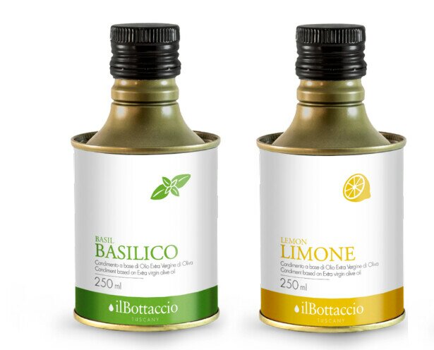 Olio extravergine infuso naturale. Olio extravergine di oliva con infusione di basilico o limone