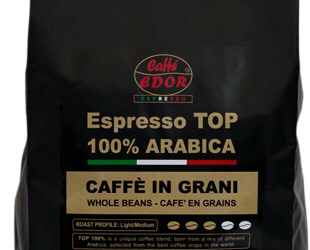 ESPRESSO TOP 100% ARABICA. Caffè in grani in busta con valvola da 1Kg. Qualità 100% Arabica.